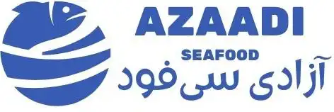 Blue and white logo for AZAADI SEAFOOD, featuring a stylized fish graphic within a circle on the left, and the company name written in English and Urdu text on the right.